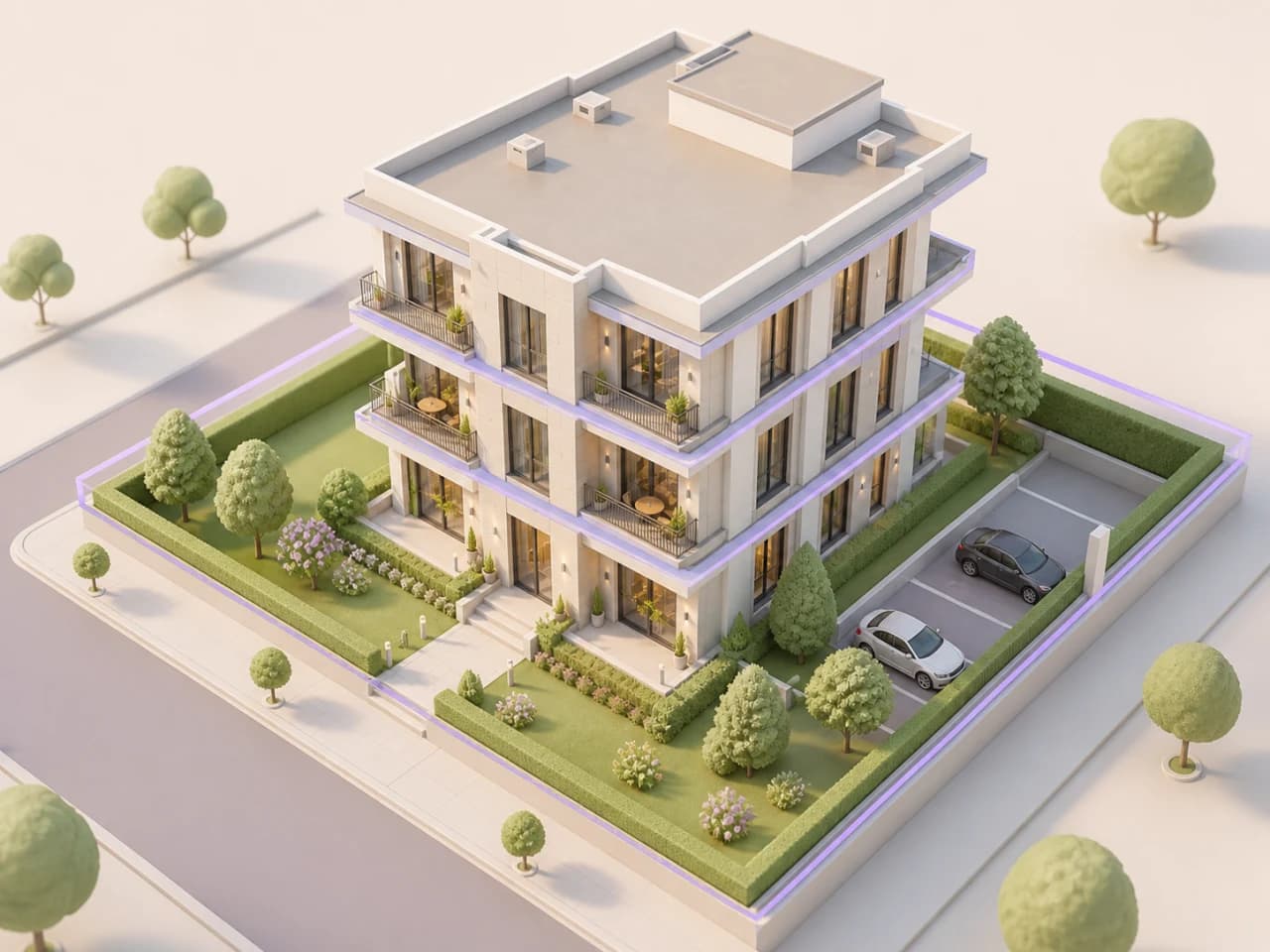 Parsel üzerinde üç katlı konut yapısının pastel üç boyutlu mimari modeli